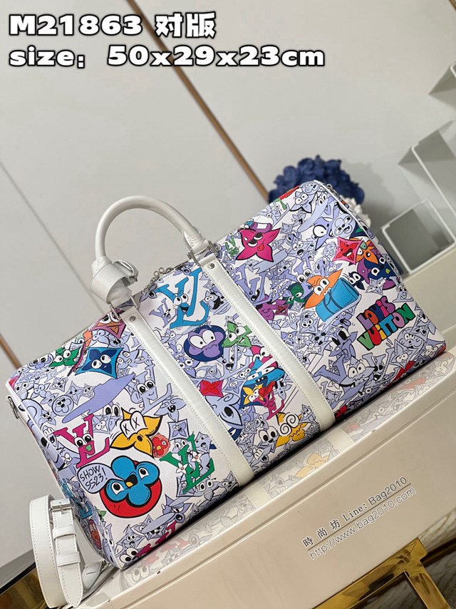 LV專櫃2023新款Keepall Bandoulière 50旅行袋 M21863對版 路易威登描繪 Monogram 圖案卡通形象旅行包 dn1454